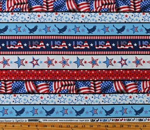 Cotton Patriotic Stripes American Flags Eagles USA Fabric Print by Yard D406.44 - Picture 1 of 1