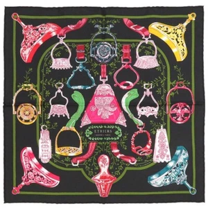 Unused no box HERMES Petit Carre 45 ETRIERS 16in Silk Scarf 41cm Black Gavroche - Picture 1 of 8