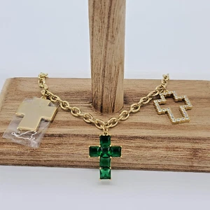 Gold Cable Link Bracelet w Shiny Gold, Green & Clear Crystal Cross Charms - Picture 1 of 5