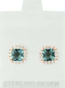 LAB CREATED 2.84 Cts AQUAMARINE & WHITE SAPPHIRES EARRING 925 SILVER (Rose) -NWT - Picture 1 of 4