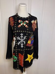 Vintage Christmas Sweater Size M Embellished Beaded 80s 90s Victoria Harbour
