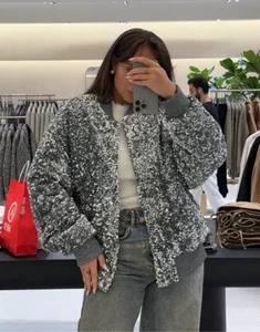 Zara Sequinned Padded Jacket Silver Grey Metallic Size L XL Large 5320/360 New