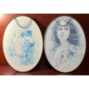 2er Set Vintage ovale viktorianische Rauchabzug Wandbehänge mit Kettenaufhängern - Bild 1 von 11