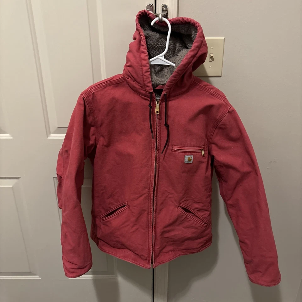 Carhartt 女式 L 码夏尔巴内衬 Sierra 夹克 WJ141-624 玫瑰粉红色工作服 — 第 1/4 张图片