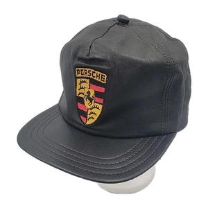 Porsche Leather Cap Black Made In USA Embroidered Classic Shield Logo Patch Vtg - Picture 1 of 14