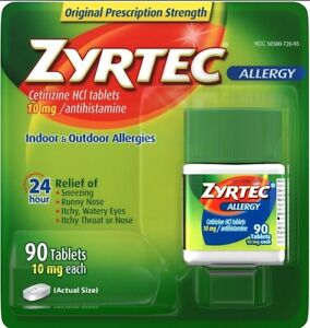 Zyrtec 10mg 24 Hour All Day Allergy Relief 90 Tablets - Exp 12/2025 + BRAND NEW
