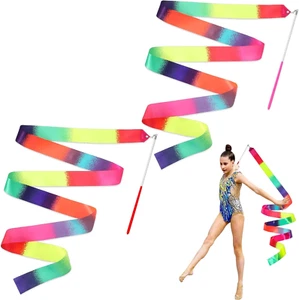 2er Set Gymnastikband mit Stab, Regenbogen Tanzbänder für Talentshows - Bild 1 von 8