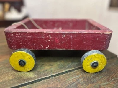 ANTIQUE PRIMITIVE HAND-MADE KIDS WOODEN RED WAGON - Image 1 of 4