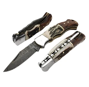 Damascus Steel Folding Pocket Knife 6.5" Stag Antler Handle With Leather Sheath - Picture 1 of 9
