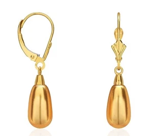 Teardrop Shaped Yellow Pearl Leverback Dangle Earrings 14K Solid Yellow Gold - Picture 1 of 1
