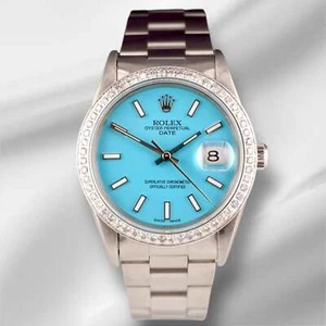 Rolex Date 34mm Ladies 1.5ct Baby Blue Dial Steel Oyster Watch 15000 - Picture 1 of 11