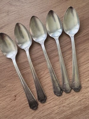 Set of 5 Vintage Governor Clinton Silverplate Teaspoons – Antique Monogrammed Fl - Image 1 of 4