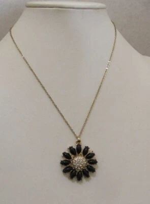 AMRITA SINGH Gold Tone Black Acrylic Clear Crystals FLOWER Pendant Necklace - Image 1 of 4