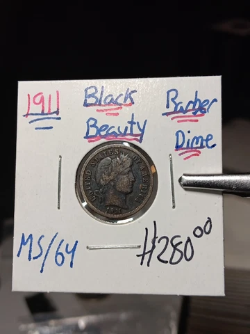 👉1911 Barber Dime - STUNNING BLACK BEAUTY Ms ++  J/57 Cover