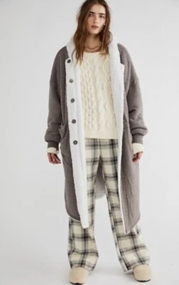 Free People North Pole Cardi Maxi Hood Knit Coat Faux Fur Line Gray L NWT - Image 1 of 4