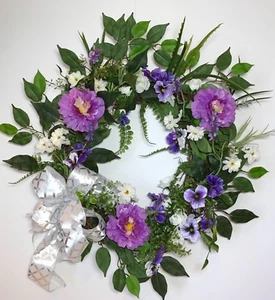 SPRING PURPLE FLOWERS GRAPEVINE WREATH FRONT DOOR FLORAL GIFT NEW HANDMADE - Picture 1 of 6