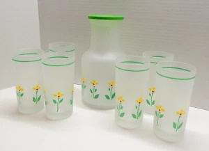 Libbey of Canada Frosted Beverage Carafe 6 Glasses Yellow Flower Telaflora 1985 - Picture 1 of 12