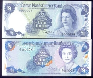 Cayman Islands 1 $ L1974 & 1996 mit der gleichen niedrigen Ser. Nummer 000098 P5e,16b UNC - Bild 1 von 2