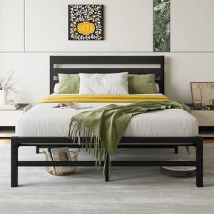 Full Size Platform Bed Frame with Rustic Vintage Wood Headboard, No Box Spring N - Picture 1 of 10