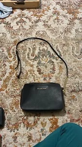 MICHAEL KORS Black Crossbody Jet Set Gold Chain Saffiono Leather Shoulder Bag 9” - Picture 1 of 4