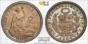 MS62 1906/896-JF Peru Silver 1/2 Dinero, PCGS Trueview- Nicely Toned - Picture 1 of 5