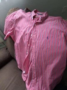 Pink Ralph Lauren Shirt Mens XL Classic Fit Button Up Short Sleeve Blue Pony - Bild 1 von 3