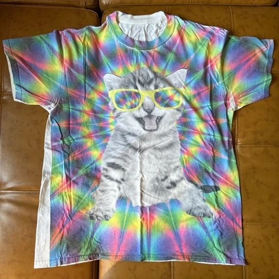 Camiseta psicodélica multicolor fiesta gato para hombre talla grande Foto 1 de 3