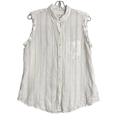 Top Gap para mujer M 100 % lino blanco púrpura rayas sin mangas botón delantero preppy Foto 1 de 4