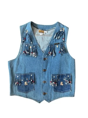 VTG Dickies Branders Denim Vest Western Fringe Beaded Texas Flag Patch USA Sz L - Image 1 of 4