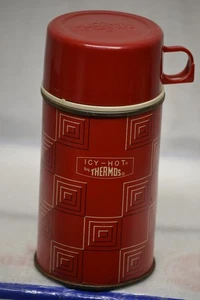 VINTAGE THERMOSKANNE MARKE ROT QUADRATISCHES DESIGN 8oz KOMPLETTE KLEINE DELLE WIE ABGEBILDET - Bild 1 von 4