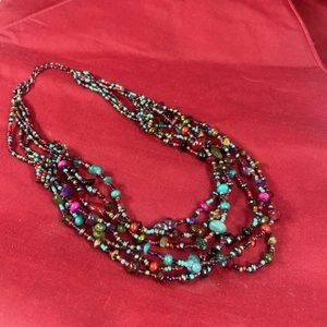 Vintage Multi Strang Glas Rocailles und gemischte Steine Multi Color Halskette 19" - Bild 1 von 7