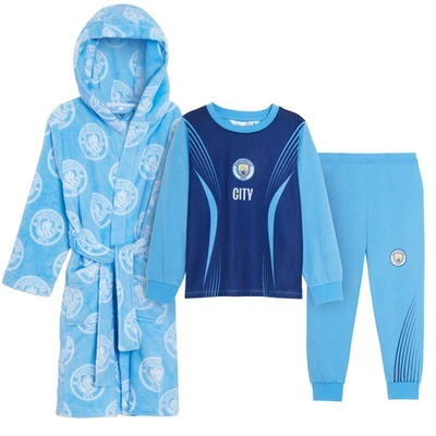 MANCHESTER CITY FC Kids Manchester City Pyjamas + Hooded Dressing Gown 3 Piece Nightwear Robe + Pjs