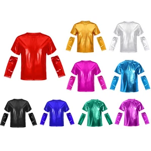 Girls Boys Shiny Metallic T-shirts with Gloves Hip Hop Jazz Dance Performance - Picture 1 of 56