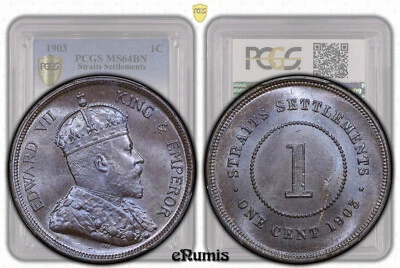 Straits Settlements, Eduardo VII, 1 centavo 1903, Top Pop, graduación profesional MS 64 BN Foto 1 de 4