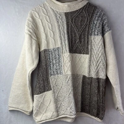 Suéter pulôver feminino vintage Van Heusen malha cabo marfim/cinza blocos tamanho XL - Imagem 1 de 4