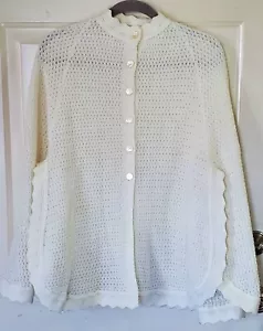Vintage 60er Americana Strick Cape Poncho mit Knopfleiste elfenbein Armschlitze Jakobsmuschelborte Rand - Bild 1 von 8