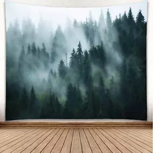 Forest Tapestry Wall Hanging Foggy Tree Tapestry Nature Misty Forest Mountain Wa - Picture 1 of 7