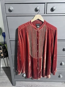 Sutton Studio Bib Shirt Womens Orange Velvet Button Long Sleeve Silk Blend L/XL - Picture 1 of 7