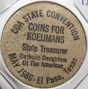1980 Catholic Daughters of the Americas El Paso, TX Wooden Nickel - Token Texas - Picture 1 of 2