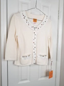 Neu mit Etikett Ruby Rd. Damenpullover Petite M elfenbeinfarben 3/4-Ärmel Knopfleiste Verzierungen - Bild 1 von 9