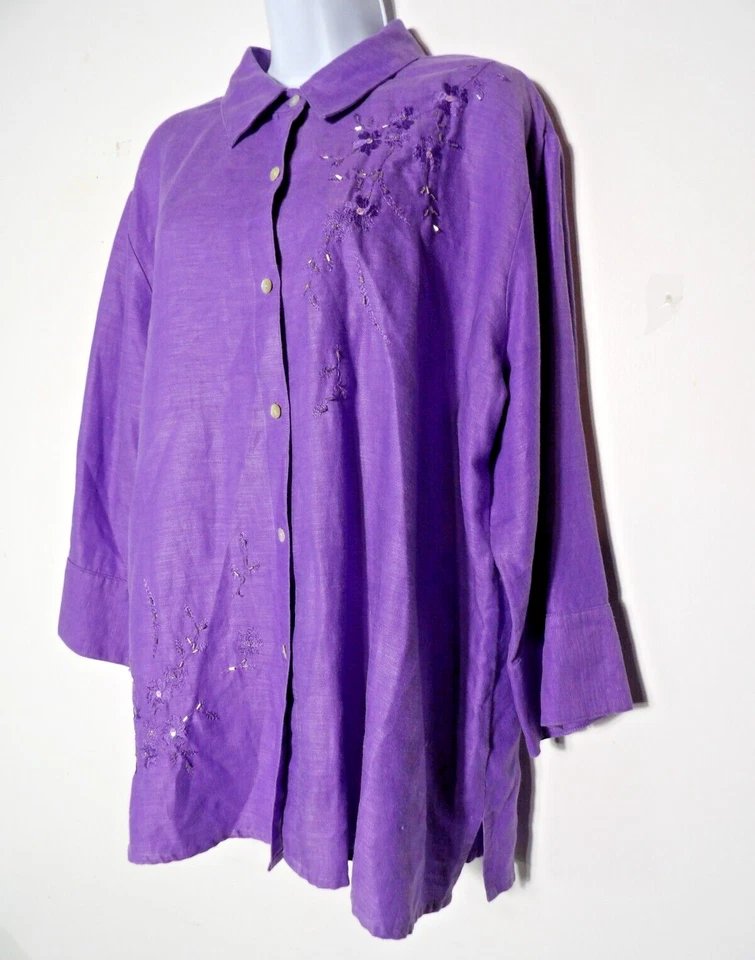 Laura Scott Woman 20W Shirt Top Linen Purple Blouse Beaded Embroidered Lagenlook - Image 1 of 4
