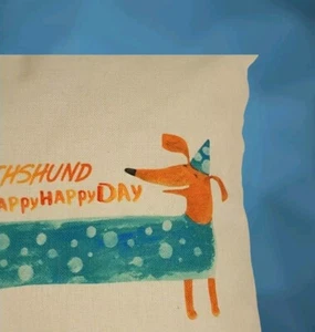 Dachshund Throw Pillow Weiner Dog Beige TEAL Happy Day 18× 18" - Picture 1 of 5