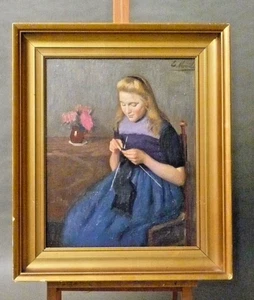 Emile Moulin 1875 - 1938 Porträt eines strickenden Mädchens junge Frau - Picture 1 of 7