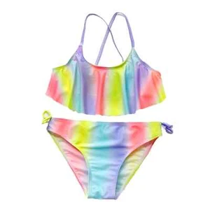 NWOT GIRLS 5-6,7-8,9-10 BLUE, ROSE RED & YELLOW GRADIENT STRIPED FLOUNCY BIKINI - Picture 1 of 8