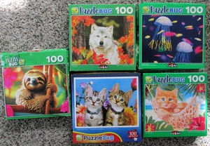 Puzzlebug Puzzles 100 Pieces Lot of 5 Sloth Kittens Jellyfish Wolf - Picture 1 of 2
