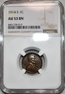 NGC AU-53 BN 1914-S Lincoln Cent, Razor-Sharp, Chocolate-Brown specimen. - Picture 1 of 2