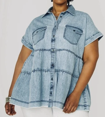 Top para mujer Ashley Stewart talla 20 azul lavado a piedra con botones en capas manga corta” Foto 1 de 4