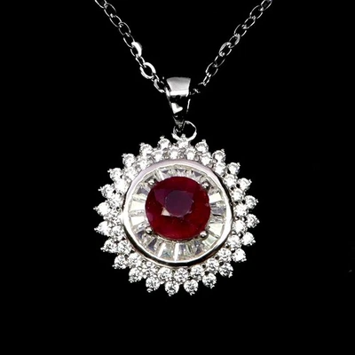 925 Sterling Silver Necklace Round Ruby 6mm Natural Gemstone Jewelry 18inches - Image 1 of 4