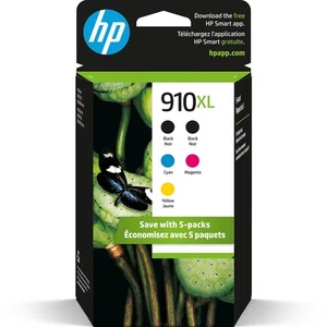 HP 910XL Black/Cyan/Magenta/Yellow High Yield Ink Cartridges 5/Pack 6ZA58AN#140 - Afbeelding 1 van 8
