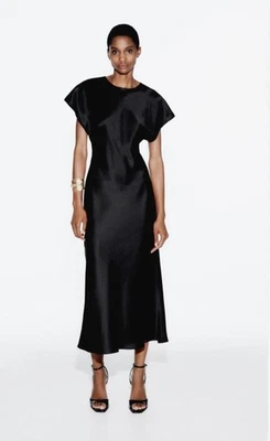 Zara Dress Womens XL Black Satin Midi Cap Sleeve Crew Neck Keyhole Back NWT - Image 1 of 4